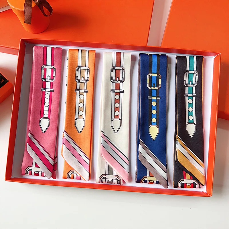 Femmes écharpe maigre foulard en soie bandeau ceinture chaîne impression Bandana petite poignée sac ruban Sacrf foulard foulards et enveloppes de tête