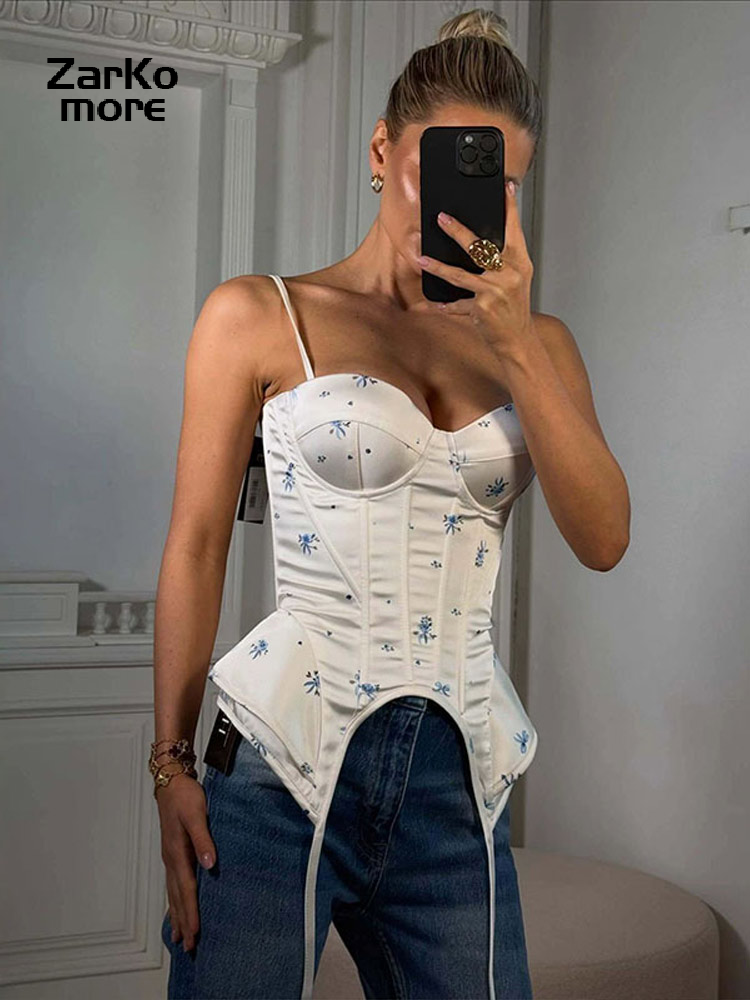 Haut de soirée sexy pour femme en satin imprimé, style corset à baleines, sans manches, avec sangle de cintrage pour taille fine, collection été 2026