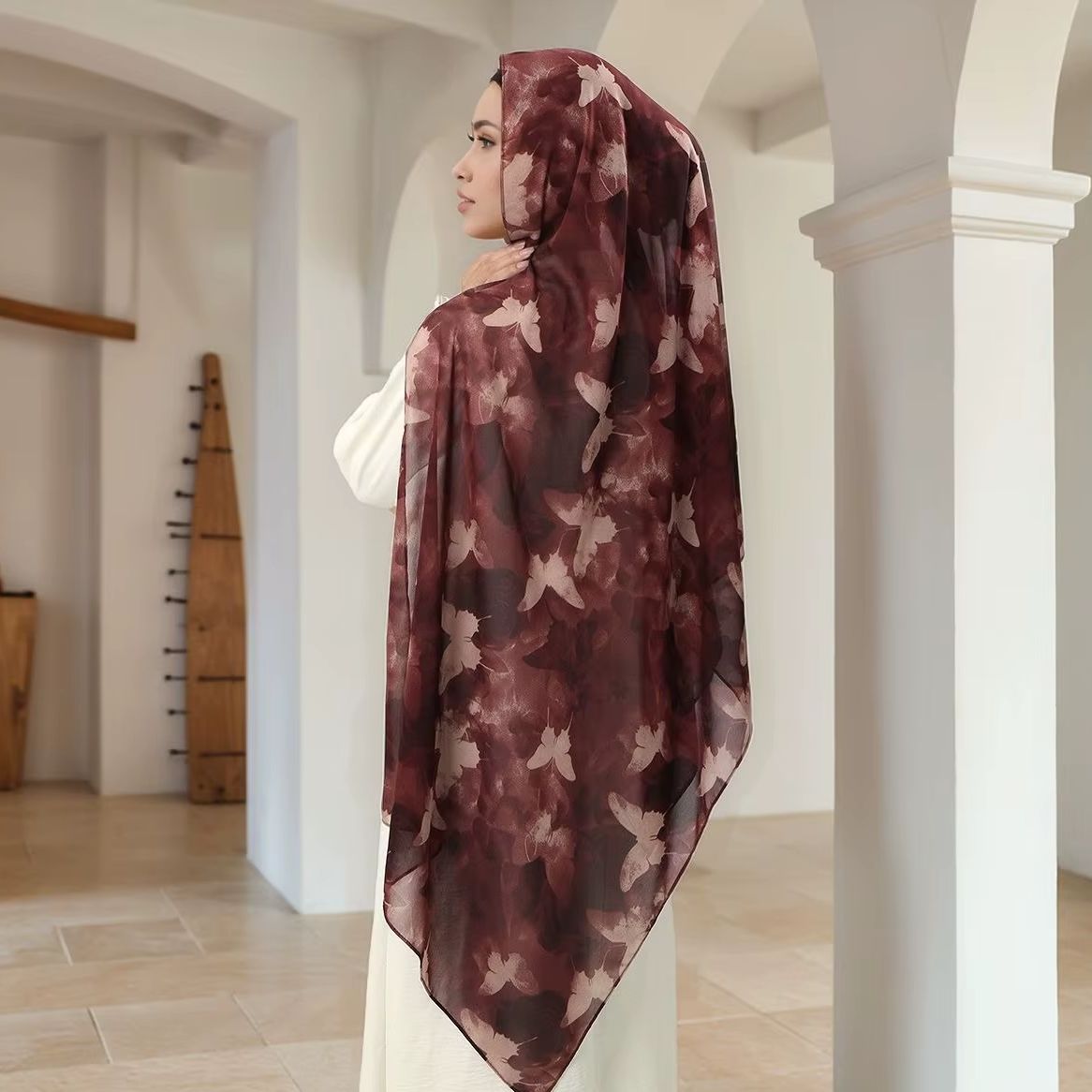 Foulard hijab en mousseline imprimé papillon pour femme, châle musulman, longs voiles tendance, bandeau imprimé, turban ethnique islamique