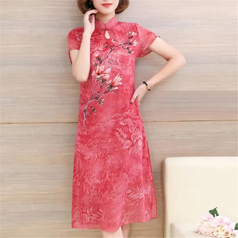 Robe longue en mousseline de soie pour mère, robes Cheongsam, robe éducative, grande taille, 4XL, femme d'âge moyen, noble, mode, nouveau, été, 5XL