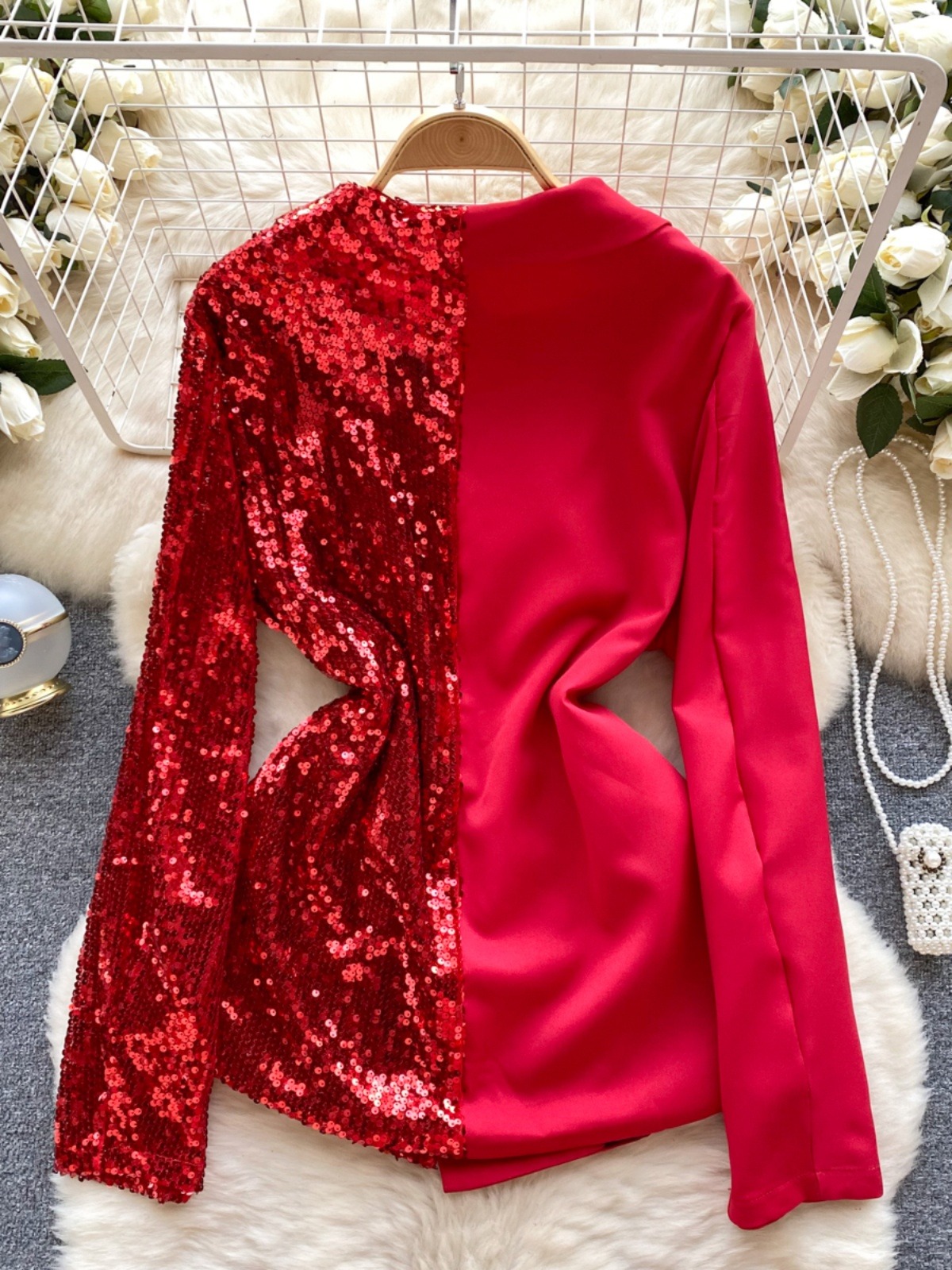 Femmes Blouse Style de mode coréenne paillettes Patchwork manteau printemps été col en V à manches longues Colorblock jolie pochette Mini robe