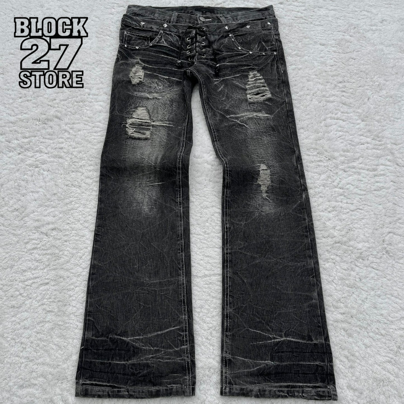 Jeans pour hommes Harajuku Vintage Streetwear, denim délavé et déchiré, pantalon à double taille, micro-évasé, coupe ample, long, décontracté, neuf
