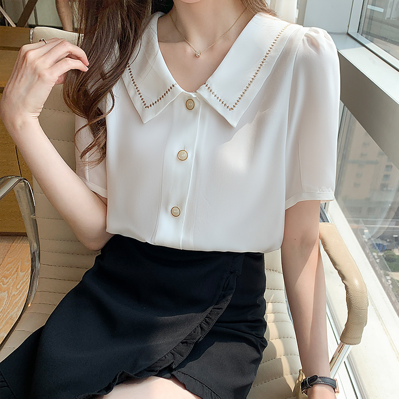 Chemisier en mousseline de soie à manches courtes pour femmes, chemise à col rabattu, chemisiers blancs d'été, E778, 2024