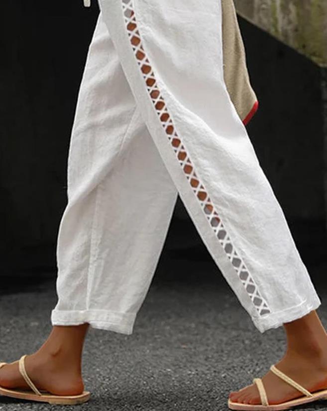 Pantalon en dentelle évidée pour femme, poche plaquée, design décontracté, uni, pantalon de vacances long, Y2K Streetwear, mode printemps, 2023