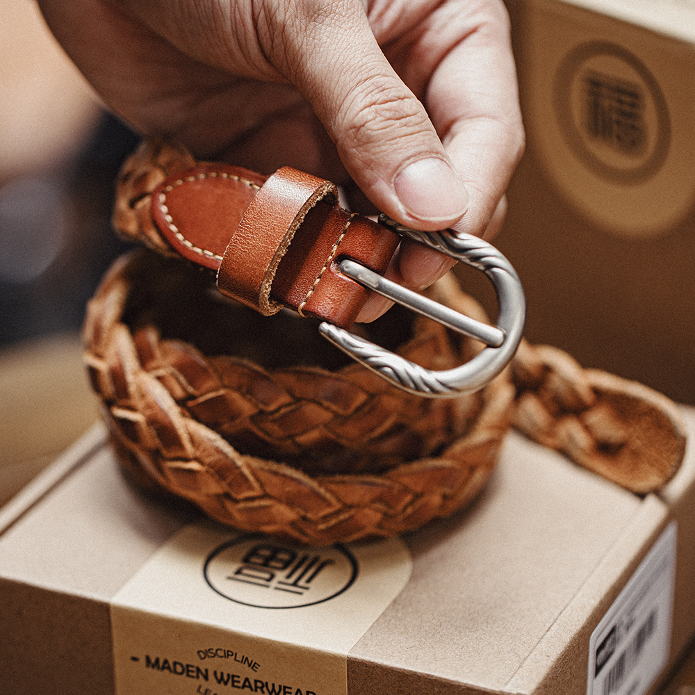 Maden Ceinture en cuir de vache tanné végétal à deux couches tissé vintage pour accessoire marron polyvalent pour hommes