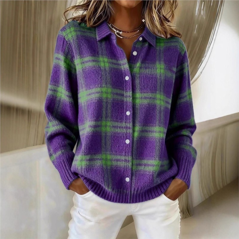 Pull décontracté pour femmes, printemps et automne, à carreaux, manches longues, col châle, pull cardigan