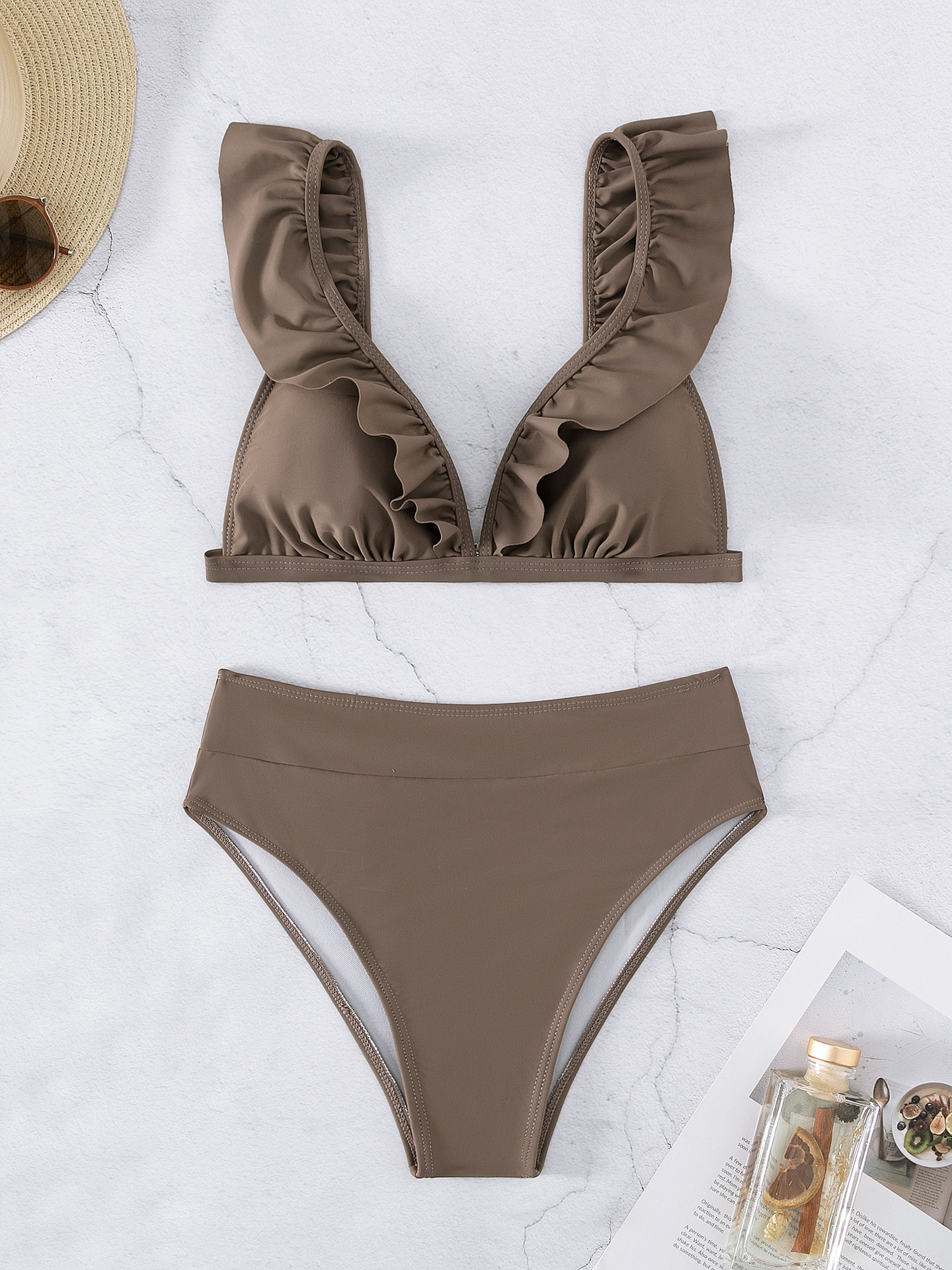 Ensemble bikini push-up à volants sexy, soutien-gorge en V, maillot de bain plissé rouge taille haute pour femme, maillot de bain d'été, ensemble de bain 2 pièces, tenue de plage 2027