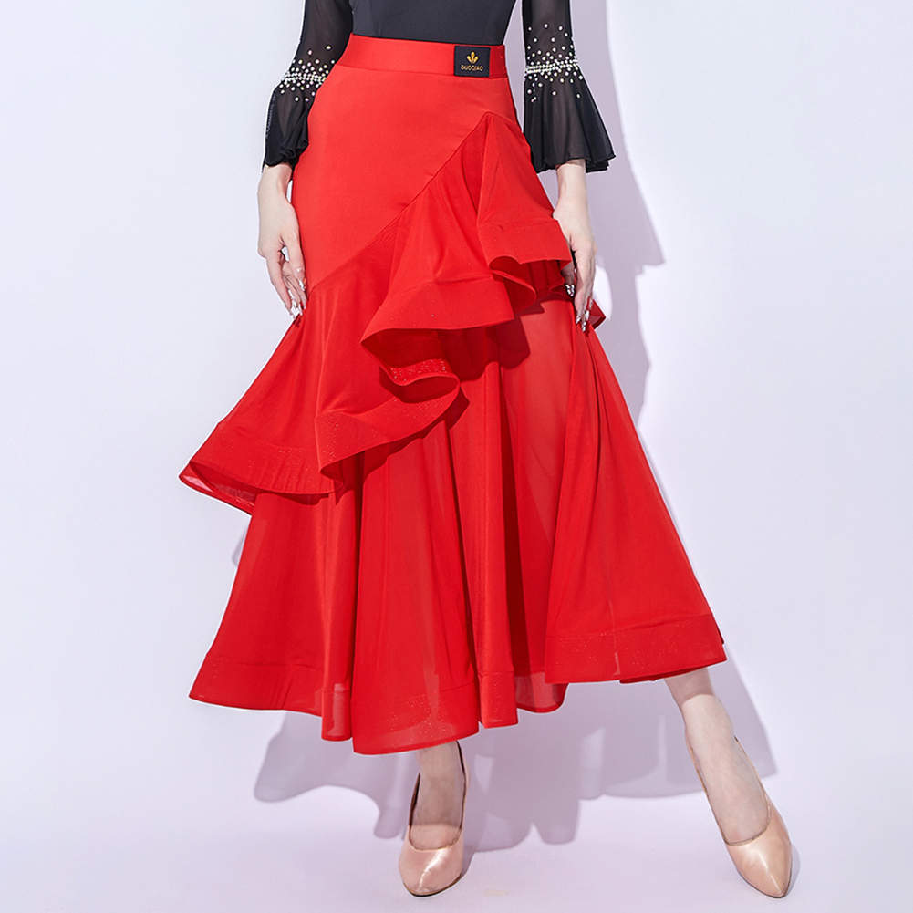 Jupe de danse de salon rouge, jupe de danse moderne noire à volants, nouvelle robe de danse moderne, jupe d'entraînement, robe de scène pour femme