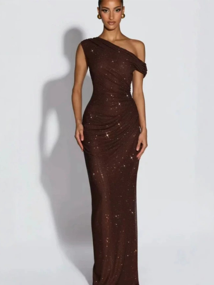 Nouvelle collection Printemps/Été 2026, Robe longue élégante pour femme, coupe ajustée, épaule asymétrique, ornée de strass, pour soirée
