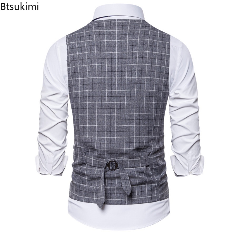 Gilet de Costume Tendance 2026 pour Hommes – Gilet Habillé Slim à Carreaux, Col V Vintage, Sans Manches, Idéal pour Mariage, Fête, Cérémonie – Gilet Formel pour Gentlemen