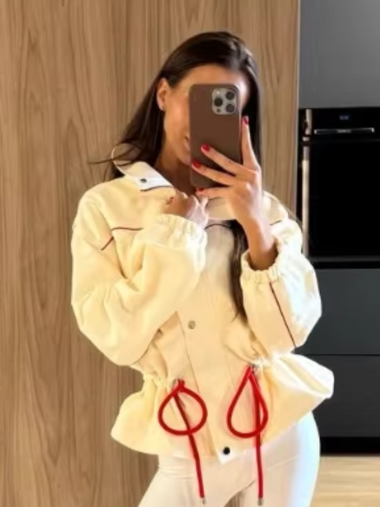 Nouvelle Veste Courte Femme Tendance à Cordon de Serrage, Col Revers, Manches Longues, Simple Boutonnage, Coupe Slim, Printemps Automne 2026, Tenue Quotidienne Urbaine