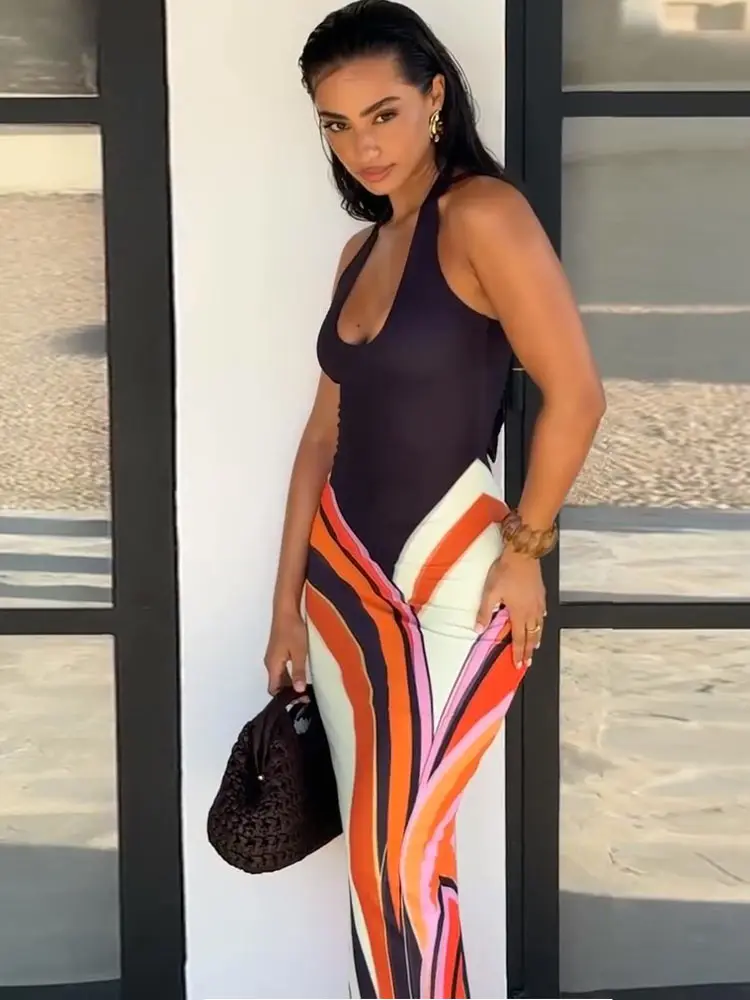 Robe longue sexy imprimée pour femme, col en V profond, sans manches, dos nu, moulante, pour les fêtes, collection été 2026, robe de soirée pour femme