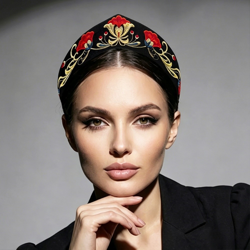 Nouveau serre-tête en velours brodé floral, texture lisse, noir, élastique, accessoires pour cheveux