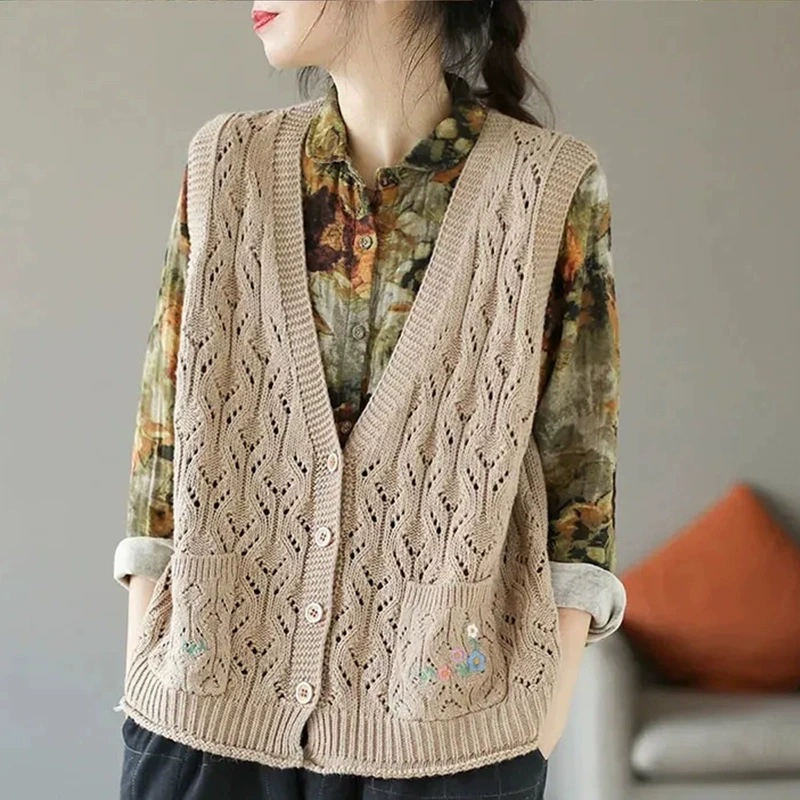 Gilet en tricot de mode coréenne pour femme, sans manches, avec poche fleurie, printemps-été, style vintage