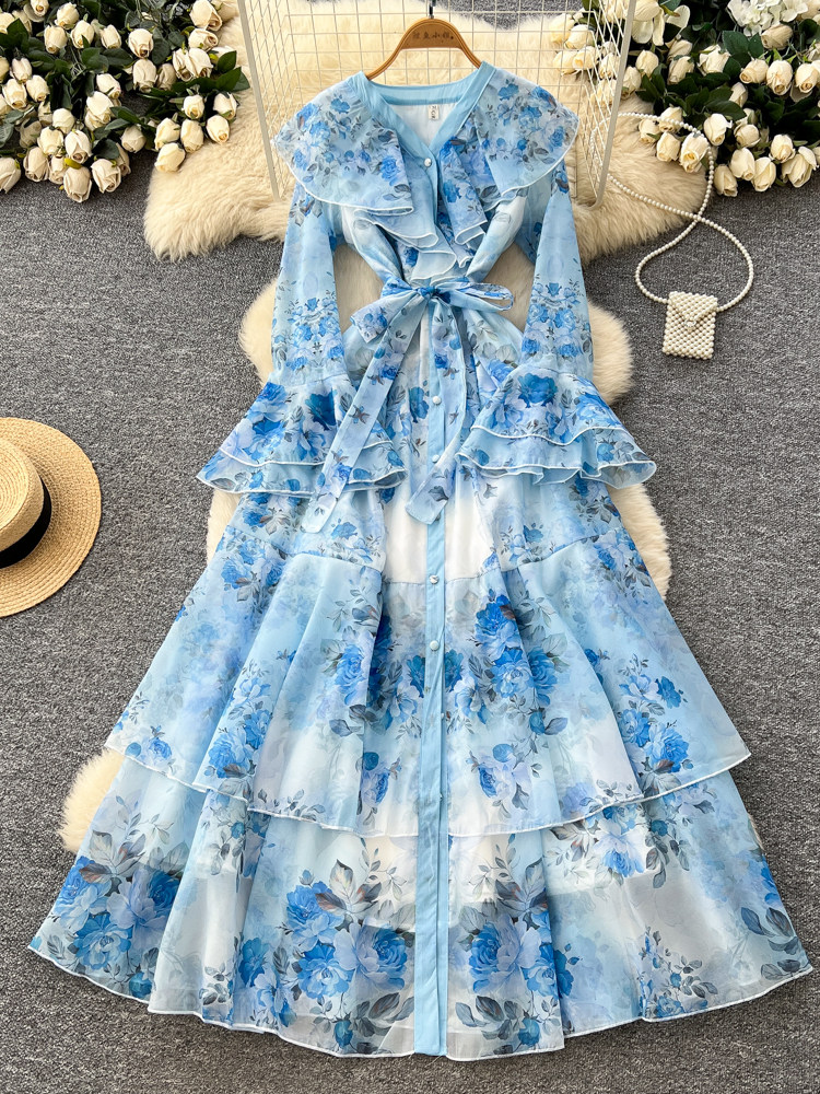 Robe Chic Femme Imprimé Floral Français Multi-Couches Taille Cintrée Color Block Patchwork pour Soirée et Événements