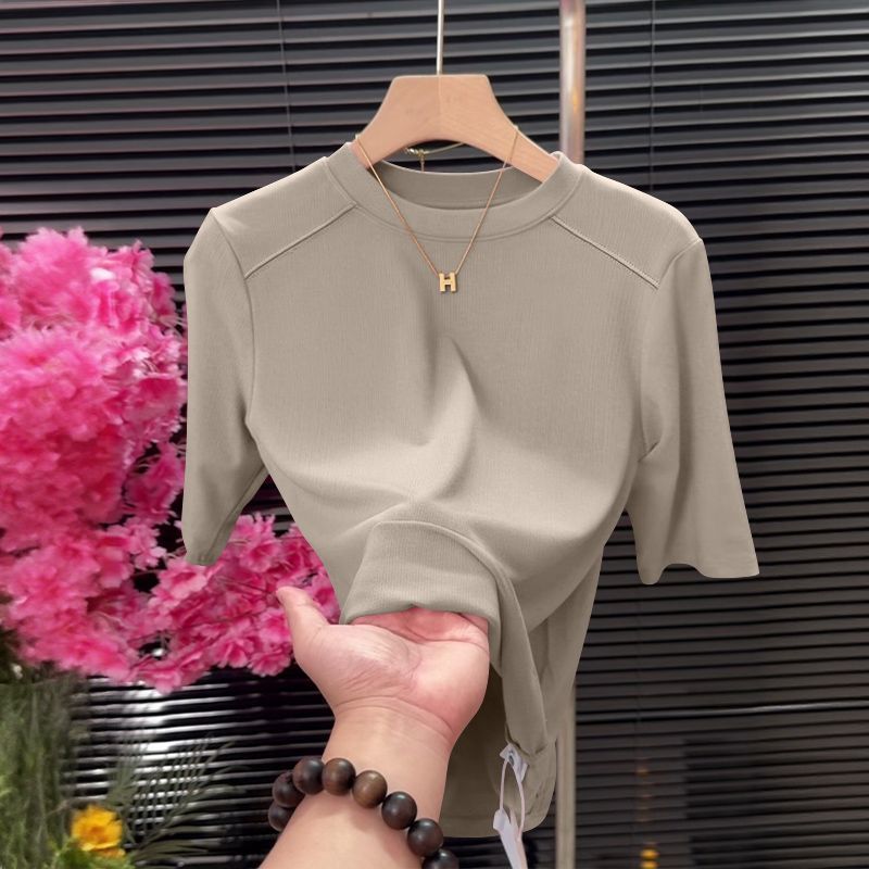 Haut à manches mi-longues pour femmes de style coréen, chemise basique tendance et polyvalente, coupe ajustée, col semi-haut, t-shirt à manches courtes, vêtements