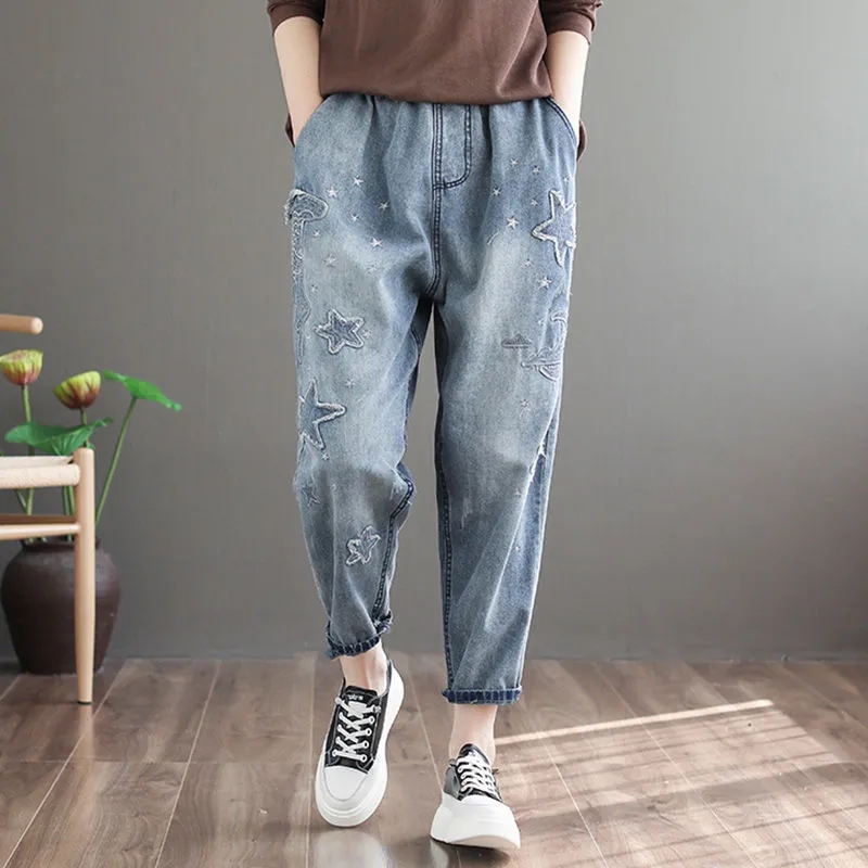 Pantalon Harem en Jean Brodé Femme Printemps Automne 2026 Délavé Coupe Ample Taille Élastique Rétro Décontracté Jean Neuf Poches Femme