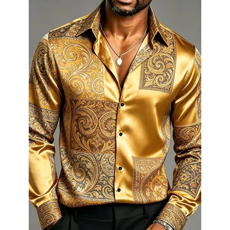 Chemises habillées pour hommes en satin de soie à manches longues, imprimées de motifs floraux baroques, coupe ajustée, pour soirées, boîtes de nuit, occasions formelles et décontractées.