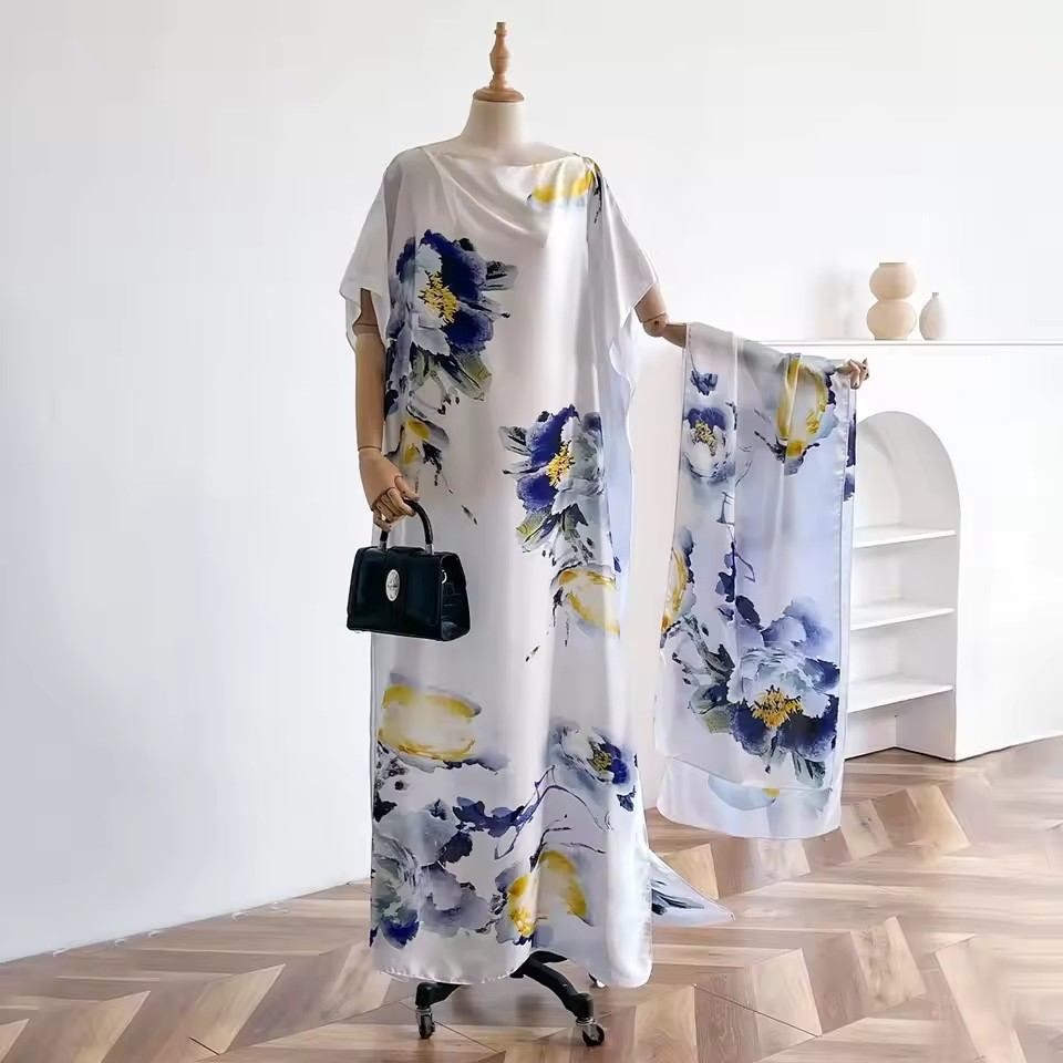 Été nouvelle mode robes africaines pour les femmes élégant imprimé soie dame musulmane longue Hijab caftan robe surdimensionné koweït Abaya