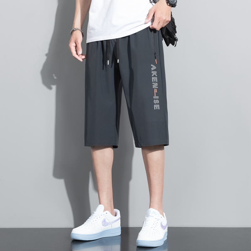 Bas d'été pantalon en soie glacée hommes respirant léger mollet longueur pantalon de survêtement court 3/4 droit ample décontracté pantacourt