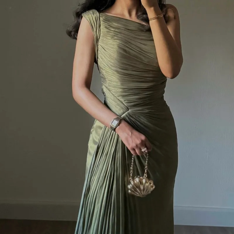 Robe de soirée élégante, épaules dénudées, sans manches, mode, taille haute, couleur unie, ruban plissé, robe de soirée scintillante pour Banquet