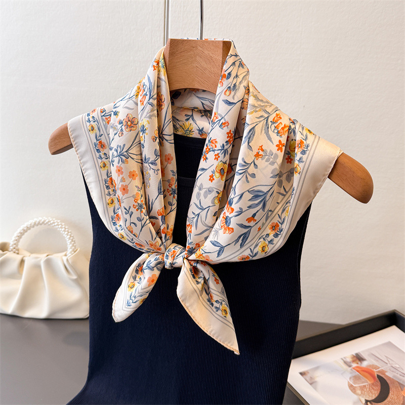 Écharpe carrée à imprimé floral pastoral, imitation soie, protection solaire, cravate haut de gamme, petit foulard carré, foulard pour femme