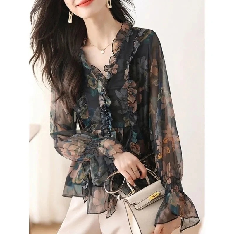 Chemise en mousseline de soie florale pour femmes, printemps-automne, nouvelle tendance de la mode, haut à manches longues, chemisier
