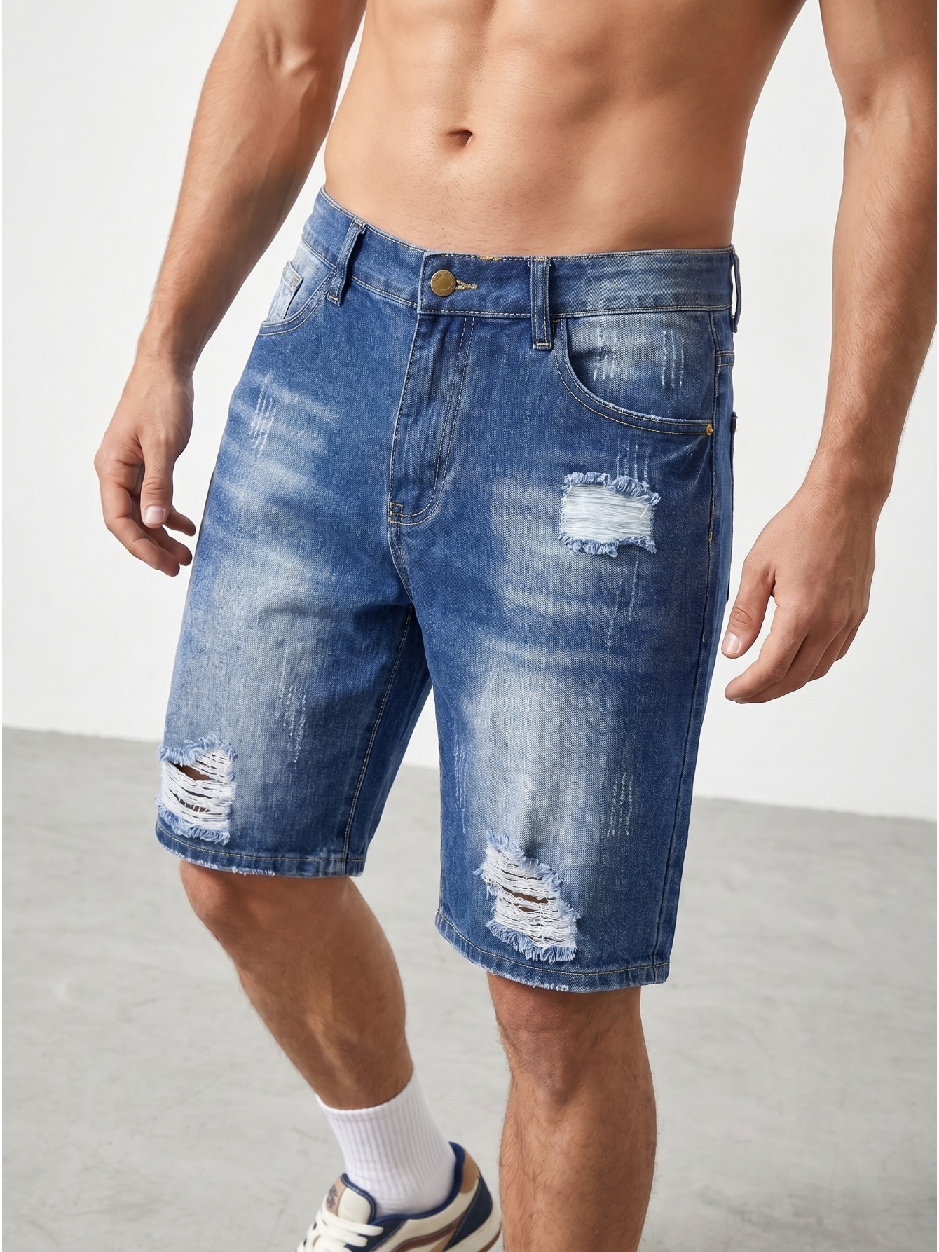Shorts en jean déchirés pour hommes, bleu vintage délavé, tendance et rafraîchissant, longueur cinq pouces, pour le printemps et l'été