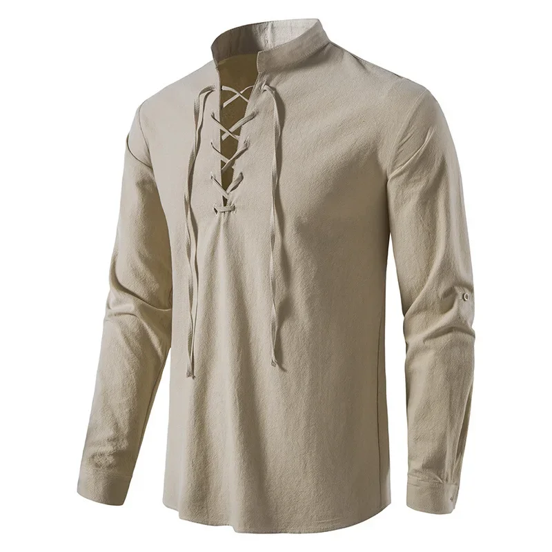 T-shirt en coton et lin à manches longues pour hommes, chemise à lacets décontractée, col Henley, coupe solide, vêtements de plage, vêtements de vacances d'été, chemise document