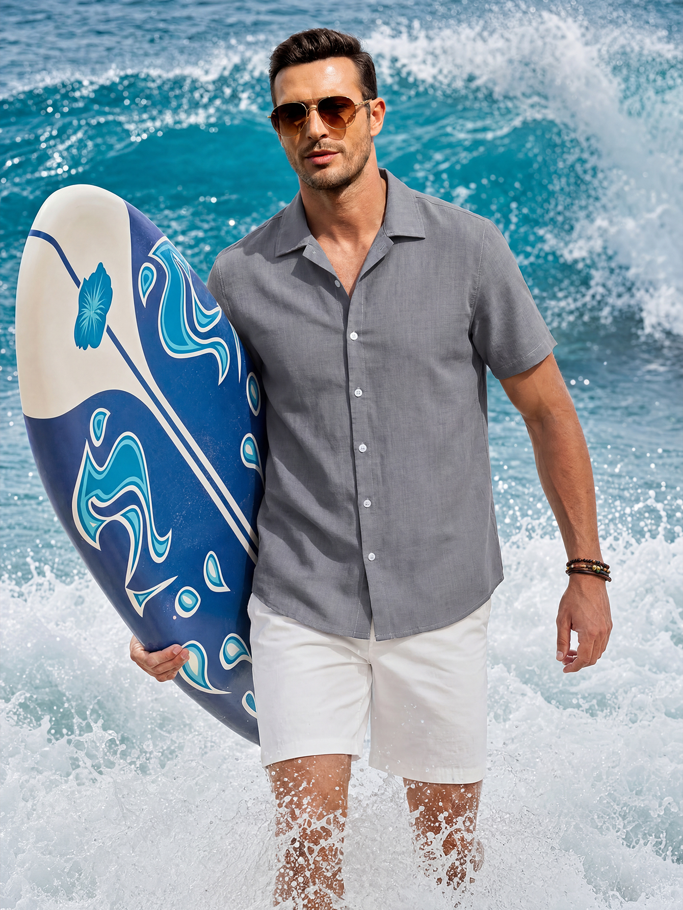 Chemise pour homme à col cubain, style lin, pour les vacances à la plage, loisirs en plein air, nouvelle collection été