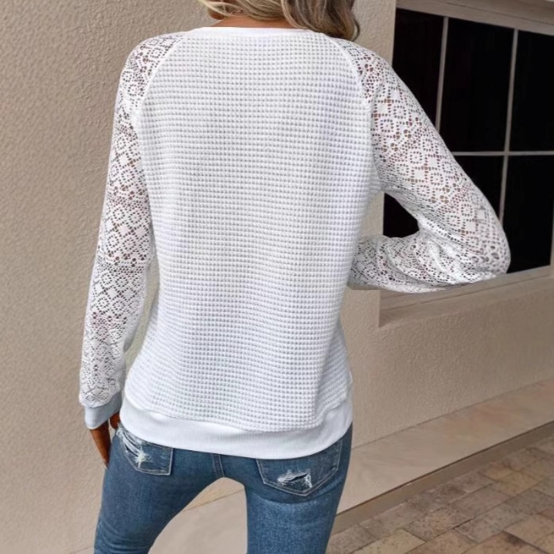 T-shirts à manches longues femme Y2k vêtements printemps haut d'automne décontracté Streetwear noir blanc dentelle évider femmes T-shirt 2025