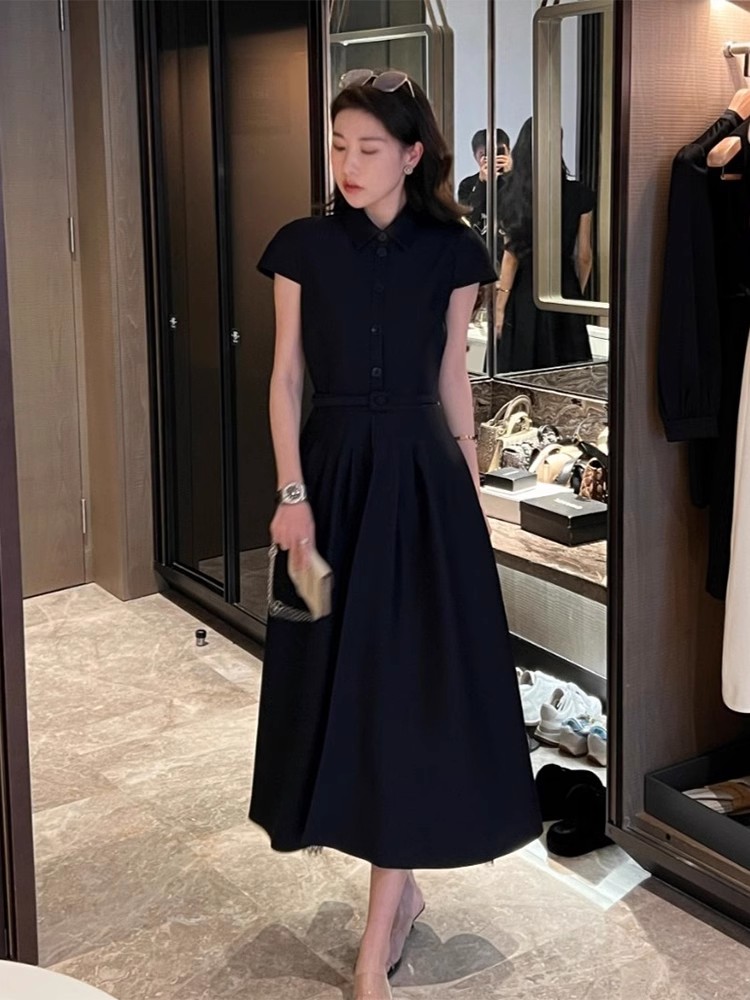 Robe à la mode pour femmes, style français, robe Hepburn pour le bureau, robe parapluie unie à manches courtes, chemise-robe noire à manches courtes