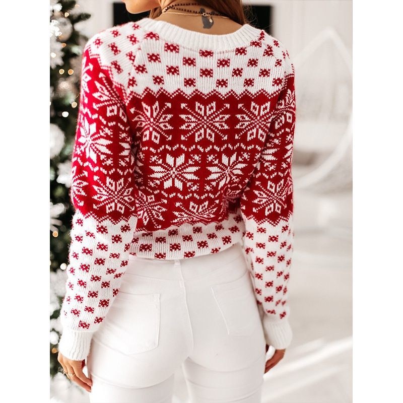 Femmes hiver chaud pull noël flocon de neige tricoté à manches longues col rond dames pull mode décontracté imprimé pull vêtements