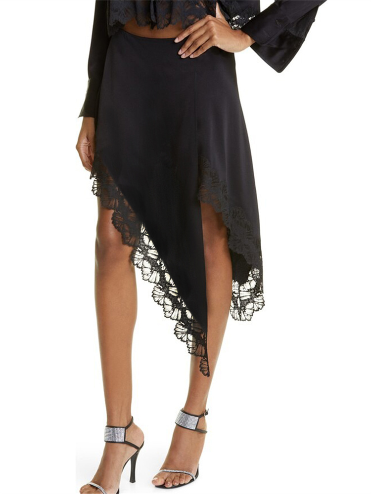 Jupe midi en satin pour femme, bordure en dentelle, ourlet asymétrique, fermeture éclair latérale, jupe élégante, streetwear