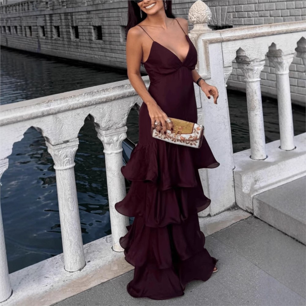 Robe française à taille Tube en V profond pour femmes, robe à bretelles, gâteau, tempérament, Style Simple, Sexy, couleur unie, bretelles Spaghetti