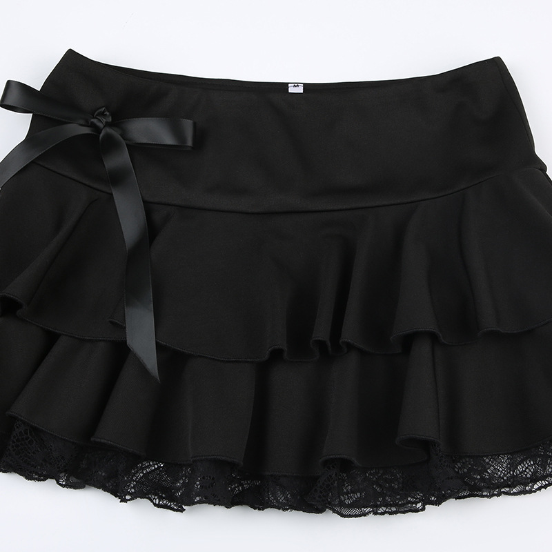Goth Y2K – Mini jupe trapèze en dentelle noire pour femmes, Streetwear coréen