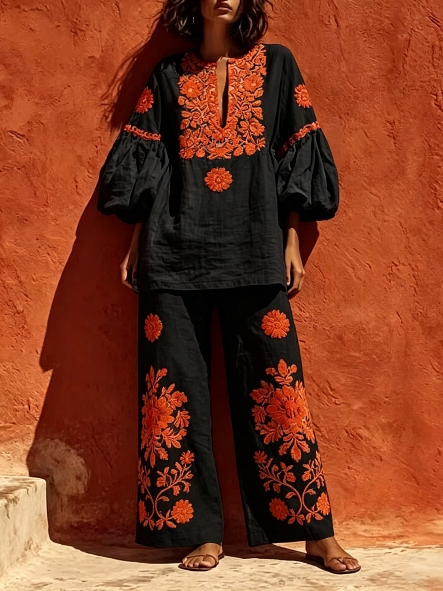 Ensemble 2 pièces bohème en lin pour femme, imprimé floral, chemisier à manches lanternes col rond et pantalon large, style vintage pour vacances et plage