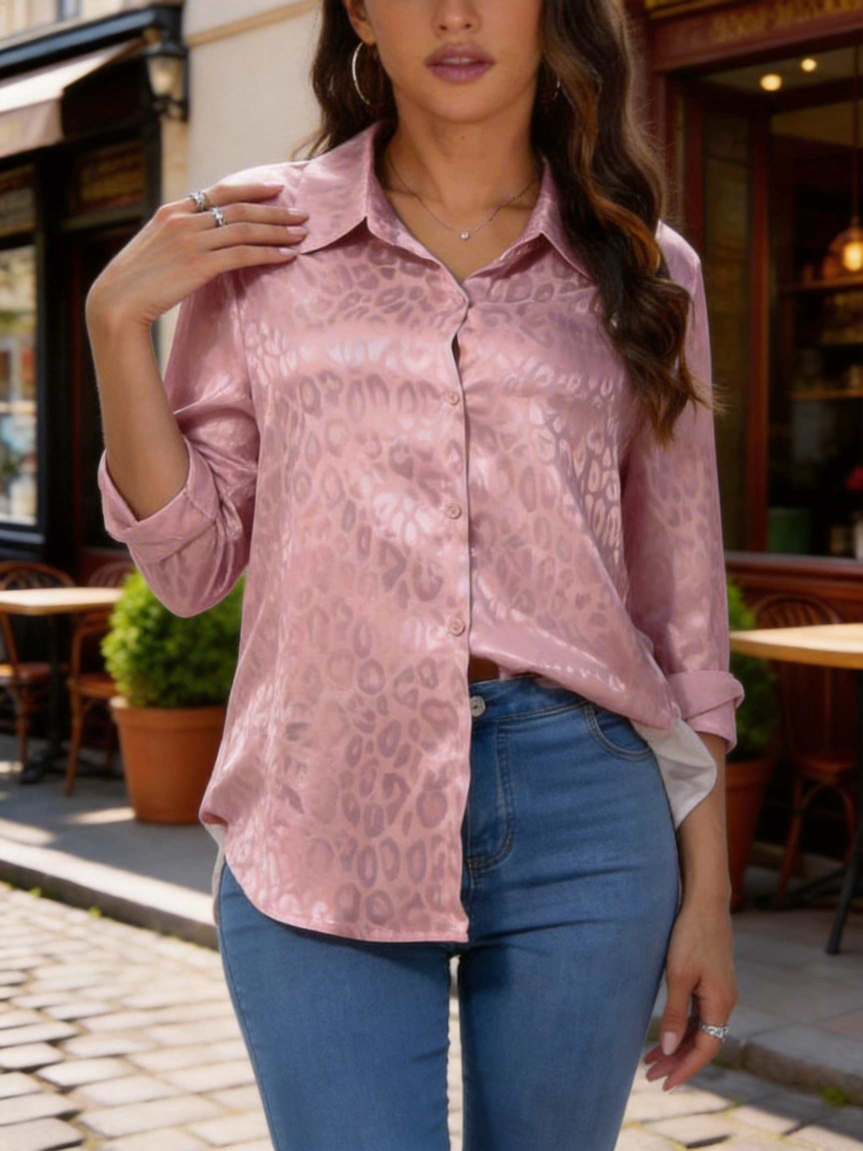 Chemise en satin à imprimé léopard pour femme, manches longues, boutonnée, chemisier décontracté
