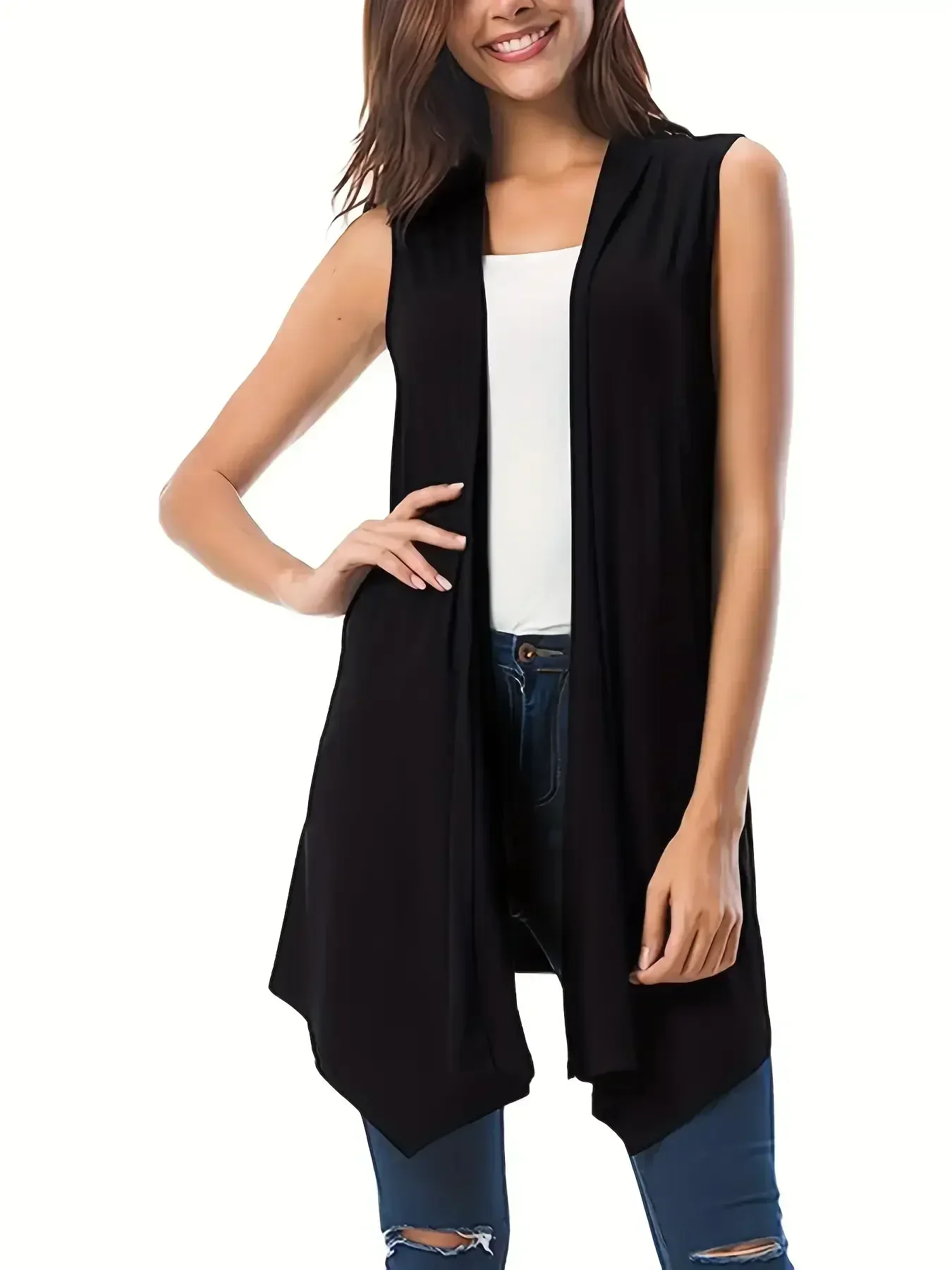 Cardigan sans manches pour femmes, grande taille 1XL-5XL, couleur unie, ourlet, polyvalent, décontracté, Simple, à la mode