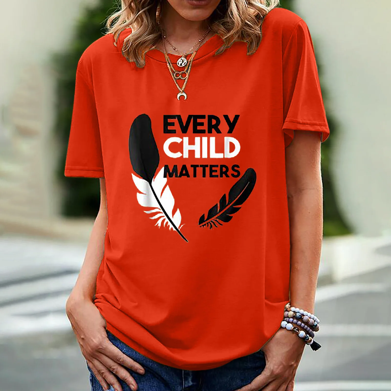 T-shirt à manches courtes et col rond pour femme, imprimé "Every Child Matters"