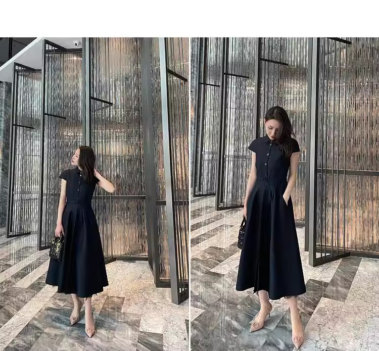 Robe à la mode pour femmes, style français, robe Hepburn pour le bureau, robe parapluie unie à manches courtes, chemise-robe noire à manches courtes