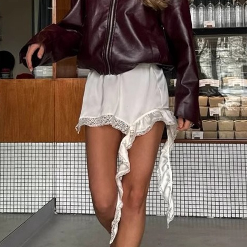 Été décontracté solide jupe femme 2025 Sexy dentelle blanc asymétrique Midi jupes rue Chic Satin taille haute jupe mince