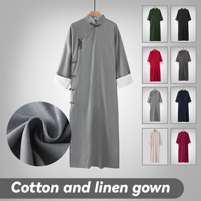 Costume Tang traditionnel de Style chinois, robe de Kung Fu rétro pour homme, chemise tunique croisée, en pur coton et lin, robe musulmane