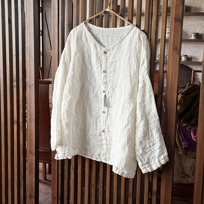 Chemisier Ramie en coton à manches longues pour femmes, chemises décontractées à simple boutonnage, grande taille, col rond, haut de haute qualité, printemps et été