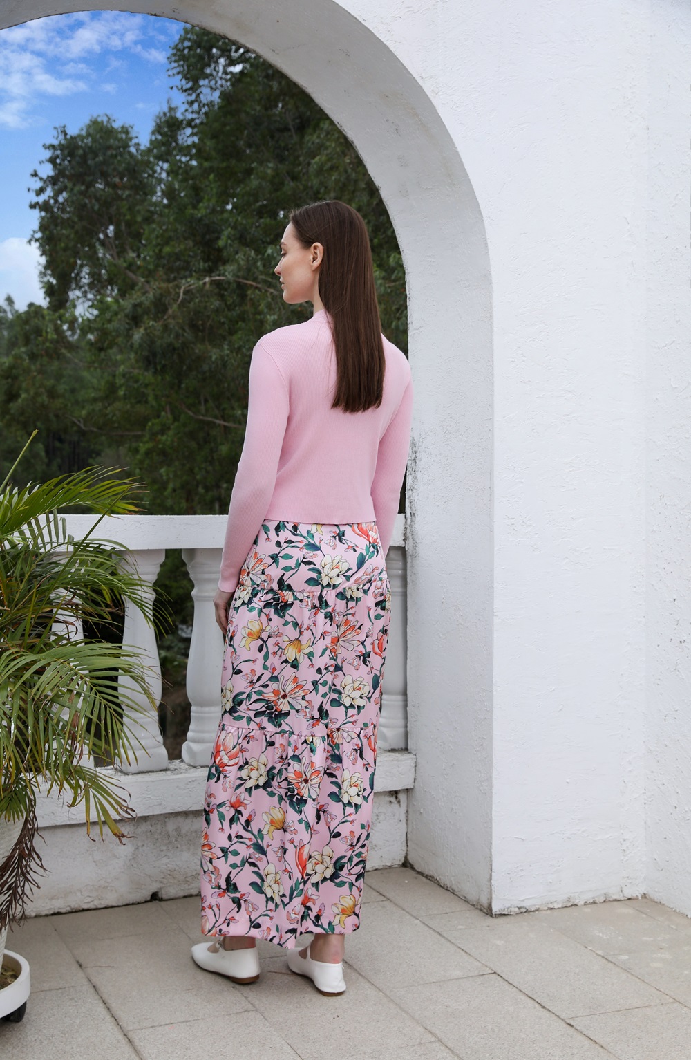 AP 2025SS – robe en Satin à fleurs pour femmes, rose clair, tricot, col en v, pull, jupe élégante pour dames