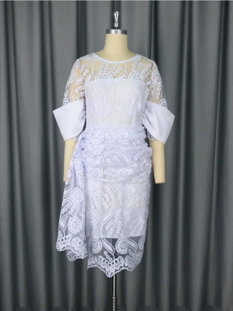 Robe mi-longue brodée à col rond pour femmes, robes vintage en dentelle blanche, tunique GT Hip, rétro, élégante, fête de vacances, mariage, quoi que ce soit