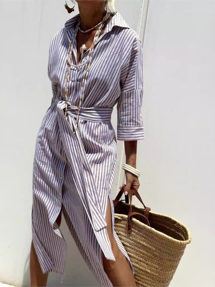 Robe chemise à manches longues pour femmes, élégante, avec ceinture, mode imprimée, boutons, col à revers, robes décontractées, automne 2024