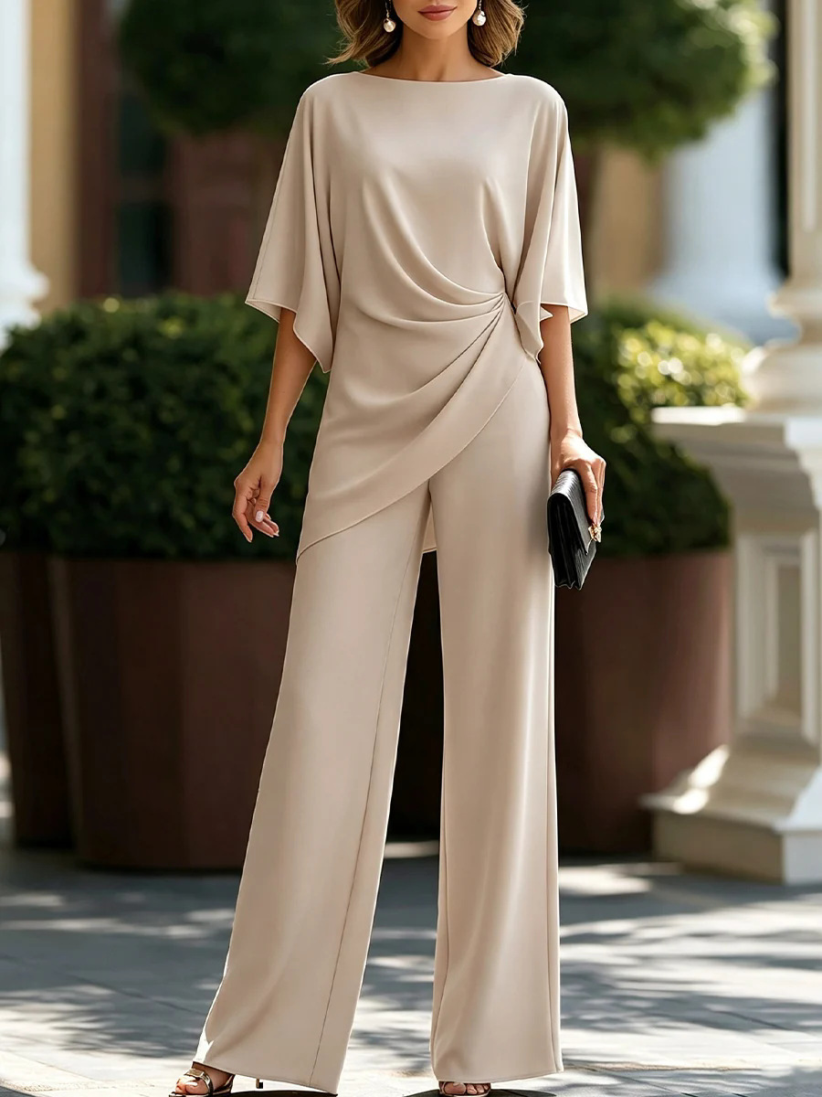 Ensemble deux pièces élégant pour femme : haut asymétrique à col bateau et manches chauve-souris froncé, pantalon taille haute à jambes larges – Tenue de soirée formelle