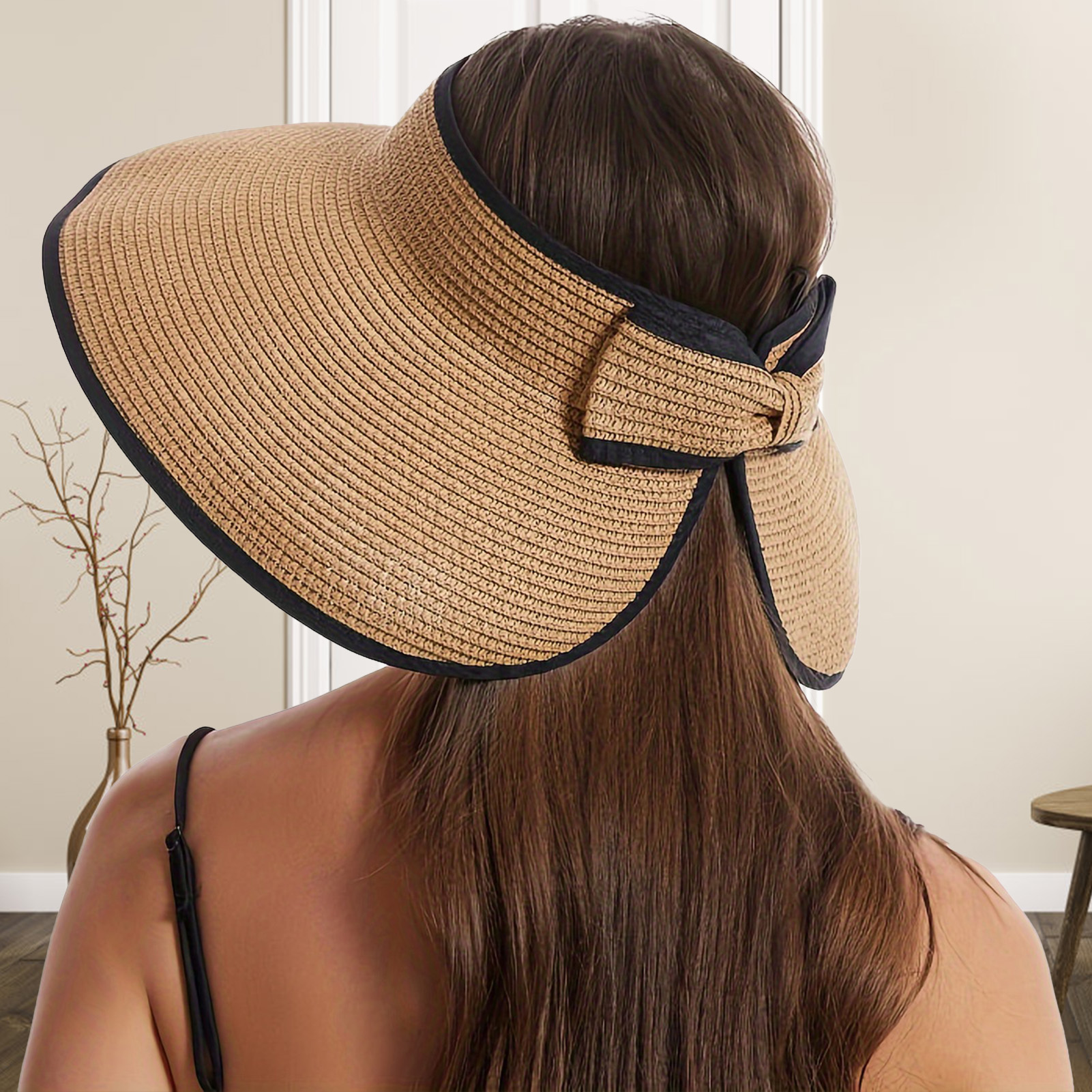 Chapeau de soleil de plage d'été pour femmes, chapeau de paille pliable et Portable à large bord, à la mode, en forme d'arc, haut creux, chapeaux seau pour filles
