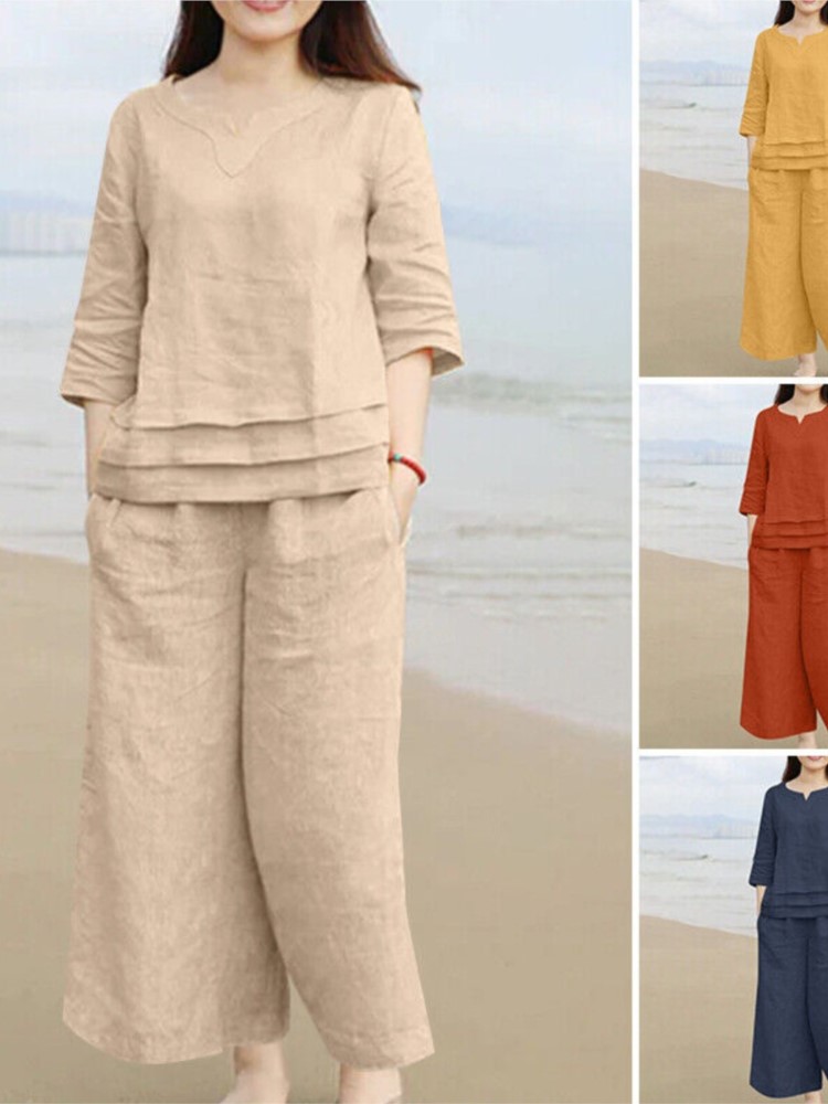 Ensemble pantalon en coton et lin pour femmes, nouveaux Styles décontractés, ample, couleur unie, manchette centrale, poche, ensemble deux pièces, printemps été